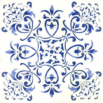 Colonial tiles, antique Dutch Delft Blue and White plate in flower pattern. Blue and white chinoiserie porcelain vintage collection. Ornamental floral and classic pattern. Seamless background texture