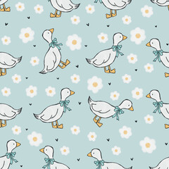 Baby Goose Seamless Pattern – Hand-Drawn with Bow & Hearts