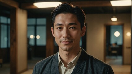 Fototapeta premium Confident Japanese Professional Smiling in a Brightly Lit Area: Headshot of a Cheerful Man Ready for Business or Personal Branding