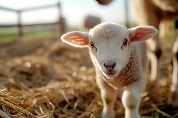 Obraz premium An endearing close-up of a sheep lamb in a natural habitat, portraying the pure innocence of nature and offering a heartwarming glance for any animal lover.