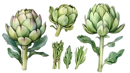 Fototapeta premium Professional Watercolor Set of Green Artichoke Inflorescence for Artistic Projects