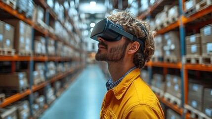 A worker uses virtual reality technology to improve his understanding of warehouse logistics and inventory management while navigating through storage areas filled with cargo.