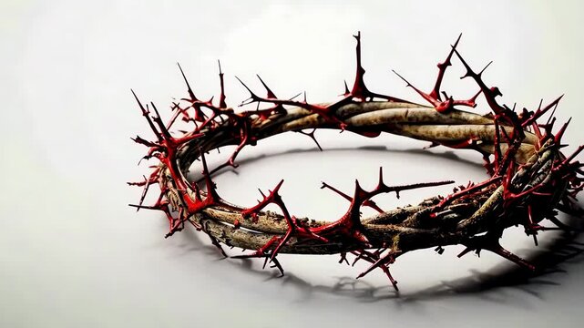 Crown of thorns of the crucifixion of Jesus Christ our Savior with blood in a neutral background 4K