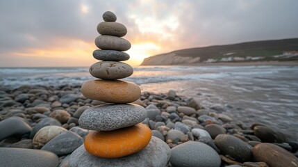 Fototapeta premium Balanced Stones by the Sea: A meticulously crafted stack of stones stands serenely on a beach, with the sun setting, painting the sky with a warm palette and reflecting on the tranquil waters. 