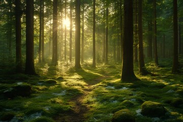 Obraz premium Sunbeams filtering through trees in magical forest