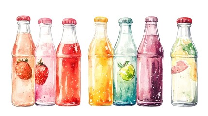 Professional Watercolor Illustration Set of Vintage Glass Bottles with Carbo for Design Projects