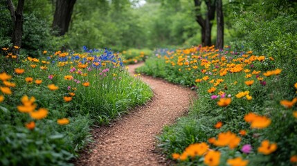 Pathway to Serenity: A winding dirt pathway leads through a vibrant garden overflowing with a profusion of colorful flowers, inviting viewers on a peaceful journey of exploration.