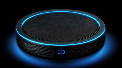Modern Round Speaker with Blue Glowing Light on Black Background for Music and Sound
