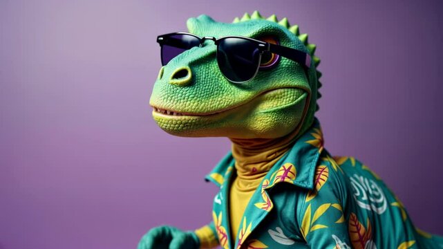 Funny dinosaur toy wearing sunglasses and tropical Hawaiian shirt against colorful background. T-Rex figurine with colorful leaf pattern outfit in humorous vacation concept.