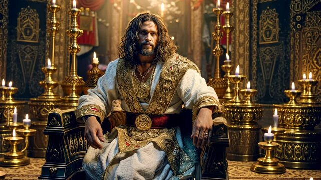 Unhappy biblical king in ornate robe sitting on a golden throne under candlelight 4K
