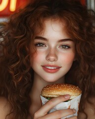 Naklejka premium Young woman joyfully eating a hamburger