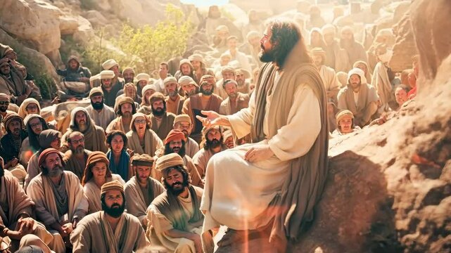 Jesus Christ preaching by parables to the crowd next to him 4K