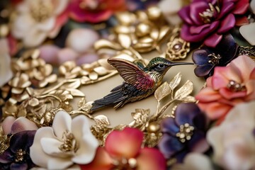Detailed hummingbird figurine, floral decorative frame, ornate background, close-up