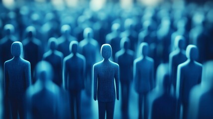 A single, detailed figure stands out from a blurred crowd of similar figures in cool blue tones. The image evokes feelings of anonymity and individuality.