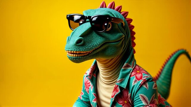 Funny dinosaur toy wearing sunglasses and tropical Hawaiian shirt against colorful background. T-Rex figurine with colorful leaf pattern outfit in humorous vacation concept.