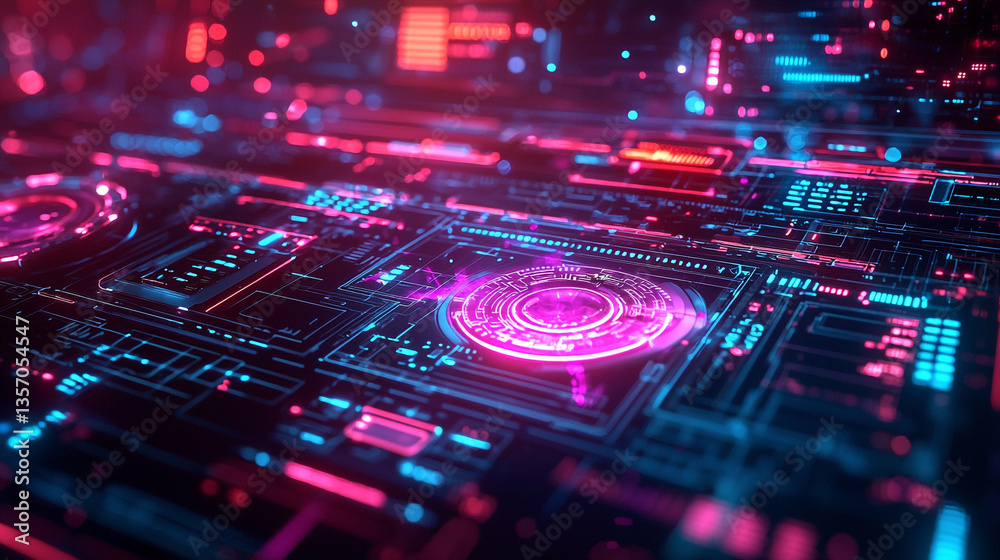 Poster abstract futuristic tech interface with glowing neon lights and circuit board patterns display