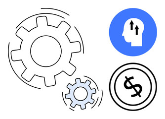 Interlocking gears signify teamwork and efficiency. Adjacent icons symbolize innovation, personal growth, and financial progress. Ideal for business, entrepreneurship, strategy, productivity