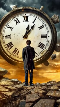 A man lost in the world in front of a giant clock at the end of time vertical video 4K