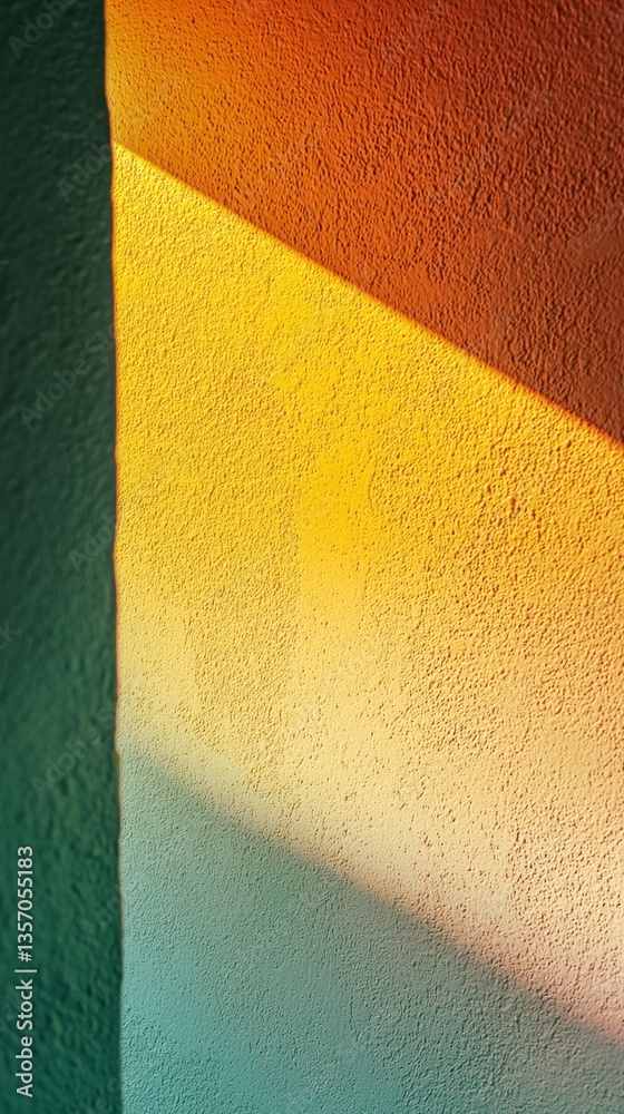 Poster Sunlight filters through a nearby window, casting warm tones of yellow and orange across textured walls, creating a peaceful and inviting atmosphere in a serene room.