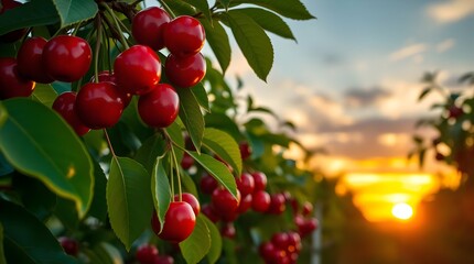 Obraz premium Close-up of ripe red cherries hanging from a tree branch at sunset