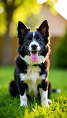 Fototapeta premium Playful black and white dog sticking out tongue in backyard, playful, cute