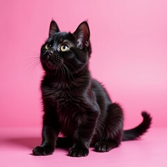 Playful black kitty with big eyes on pink background, pet, playful, feline