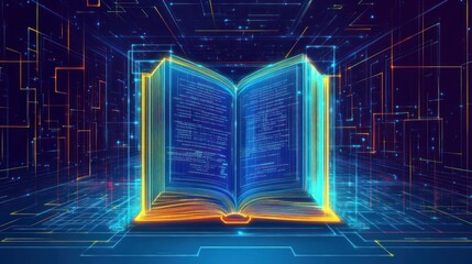 Glowing digital book in a futuristic circuit background.
