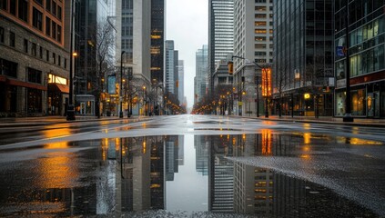 Naklejka premium Empty city street reflections in puddles at dawn