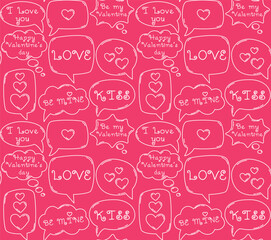 Seamless pattern with different shape speech bubbles with hearts and romantic words. Cute pink Valentine's day background