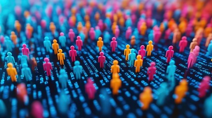 Obraz premium A colorful visualization of numerous miniature figures on a digital background, representing data, diversity, or social interactions in a tech context.