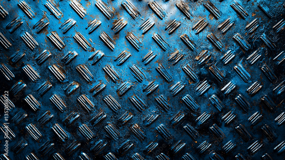 Poster close up of a blue metal surface with a pattern of raised lines and some rust visible on the surface