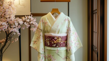 Naklejka premium Kimono Displayed with Cherry Blossoms for Cultural Fashion Concept