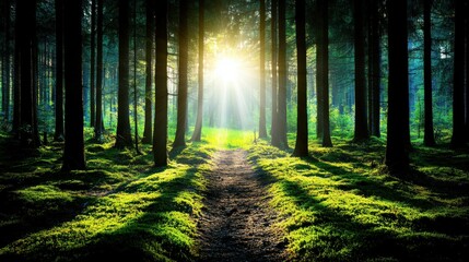 Obraz premium Sunlit forest path, morning light, moss-covered ground