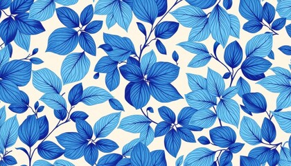 Fototapeta premium Abstract blue leaf toile de jouy pattern, seamless vector floral design for wallpaper, fabric, design, floral