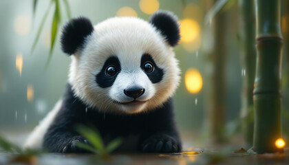 Obraz premium A cute panda bear sitting amidst bamboo plants smiling softly