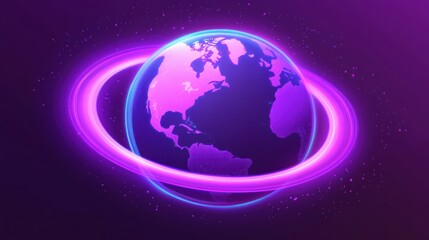 Fototapeta premium Glowing Earth with neon rings, futuristic digital planet.