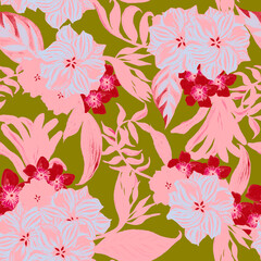 Tropical pattern, floral, leaves. Digital print in Repeat (rapport), Resolution 300 DPI, ideal for fashion, decoration and stationery.