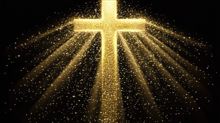 Glowing golden cross with light rays on black background.