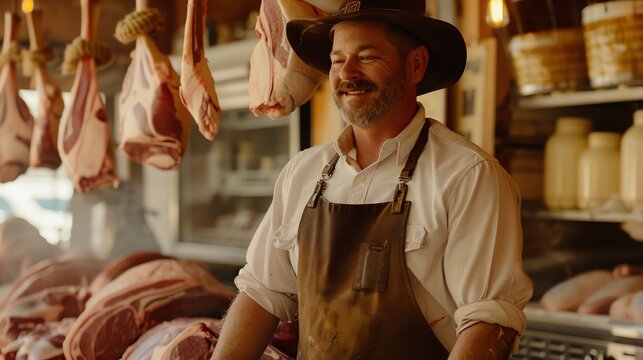 A butcher wearing a hat and apron stands in his shop, smiling. He is surrounded by hanging meat and cuts of meat on display. - Powered by Adobe