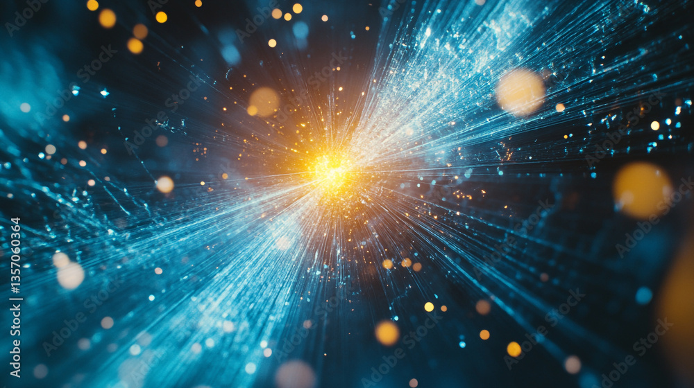 Poster abstract light burst with blue streaks and bokeh effect in a dark background design element