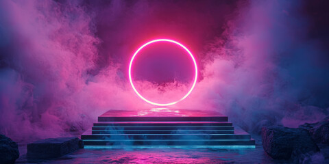 Obraz premium Cyberpunk-inspired podium with glowing pink and cyan neon rings, futuristic background