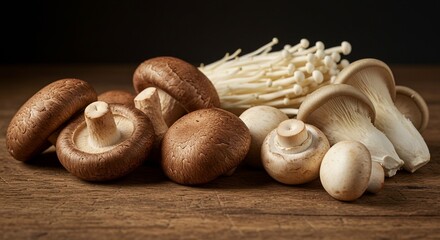 An assortment of fresh mushrooms - shiitake, button and oyster mushrooms - arranged on a wooden table