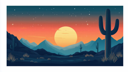 Cactus and Desert Landscape at Sunset over Mountains  