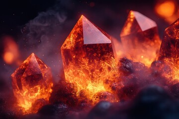 Fototapeta premium Fiery Crystals: Capturing the fiery essence of glowing crystals, emitting ethereal glows amidst billowing smoke, a visual feast showcasing their raw, energetic beauty. 