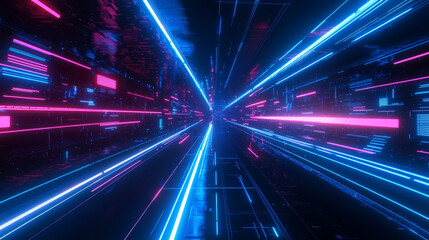 Obraz premium Futuristic dynamic technology wallpaper with glowing blue outlines and neon light stripes, high-tech digital background