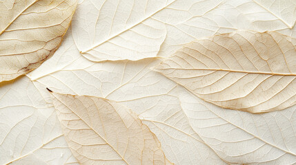 Minimalist leaf skeletons arranged on light background, showcasing delicate textures and patterns