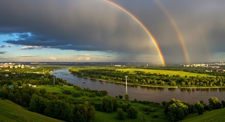 Obraz premium Double Rainbow over River Valley Scenic Vista. AI Generated