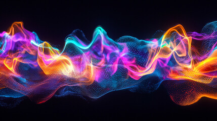 Obraz premium Abstract image of colorful flowing energy waves with a dark background and glowing particle effects