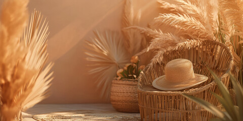 Fototapeta premium Soft summer with rattan furniture, sun hats