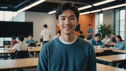 Obraz premium Enthusiastic Japanese Male Student in a Dynamic and Modern Non-Traditional Learning Space, Ideal for Promoting Innovative Education and Collaborative Learning